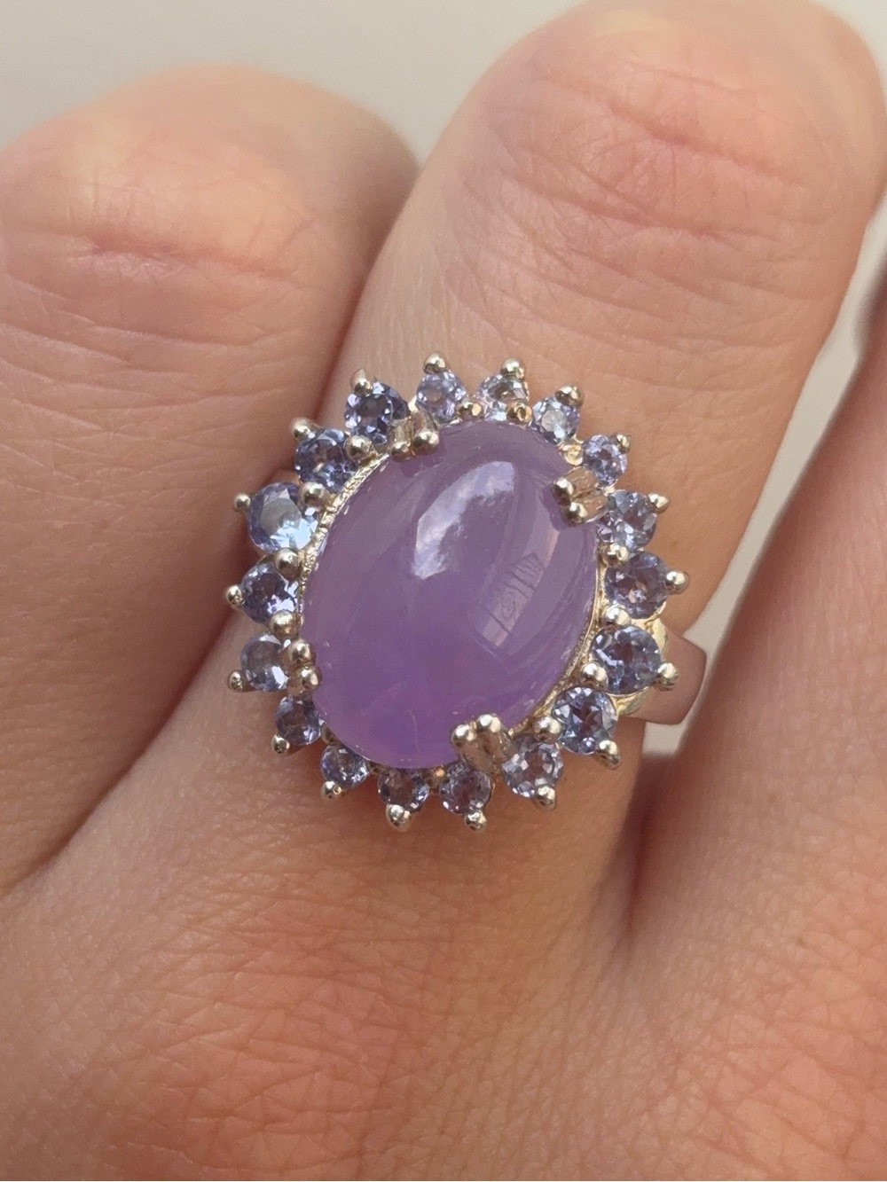 Sterling Silver Lavender Jade Cabochon Iolite Gemstone Cocktail Ring